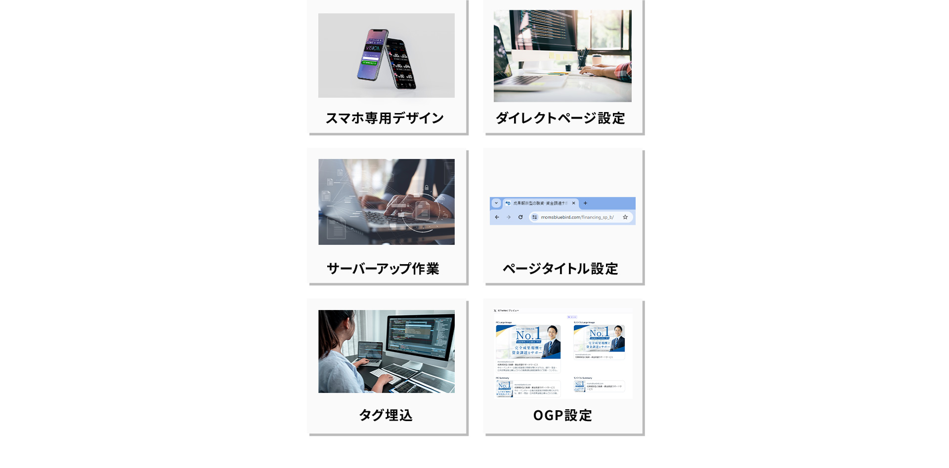 スマホ専用デザイン、ダイレクトページ設定、サーバーアップ作業、ページタイトル設定、タグ埋込、OGP設定